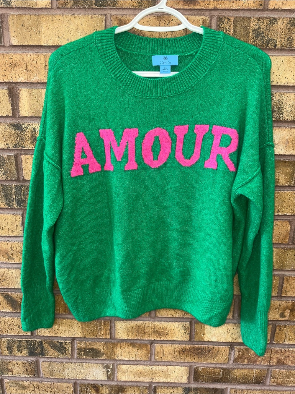 CeCe Green Crewneck Sweater with Pink AMOUR Lettering
